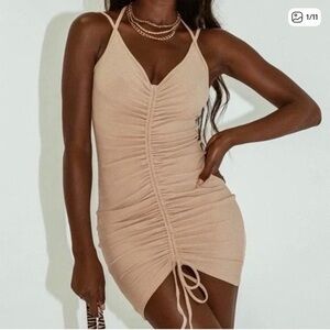 Princess Polly Peta Ruched Drawstring Mini Dress in Beige